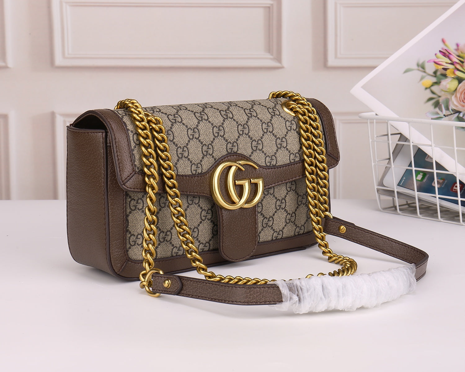 Gucci Classic Monogram Canvas Flap Shoulder Bag with Gold Chain