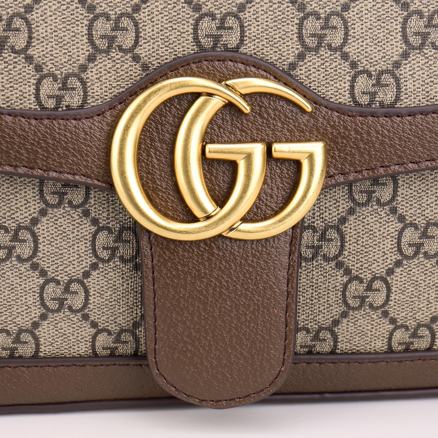 Gucci Classic Monogram Canvas Flap Shoulder Bag with Gold Chain