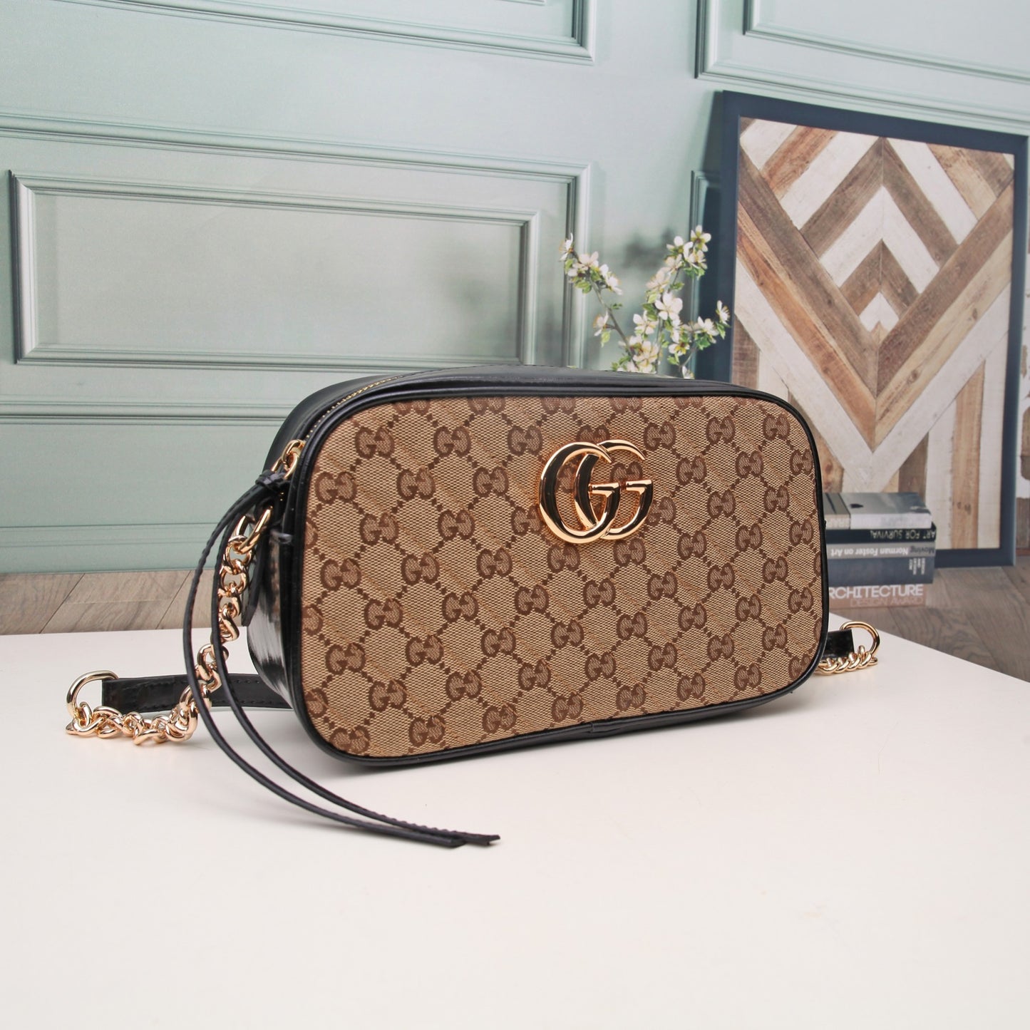 Gucci Classic Monogram Canvas Crossbody Camera Bag with Gold Chain Strap