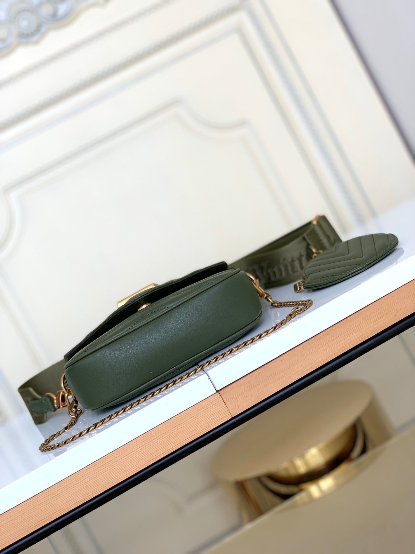 Louis Vuitton Chevron Quilted Olive Green Crossbody Shoulder Bag with Round Pouch