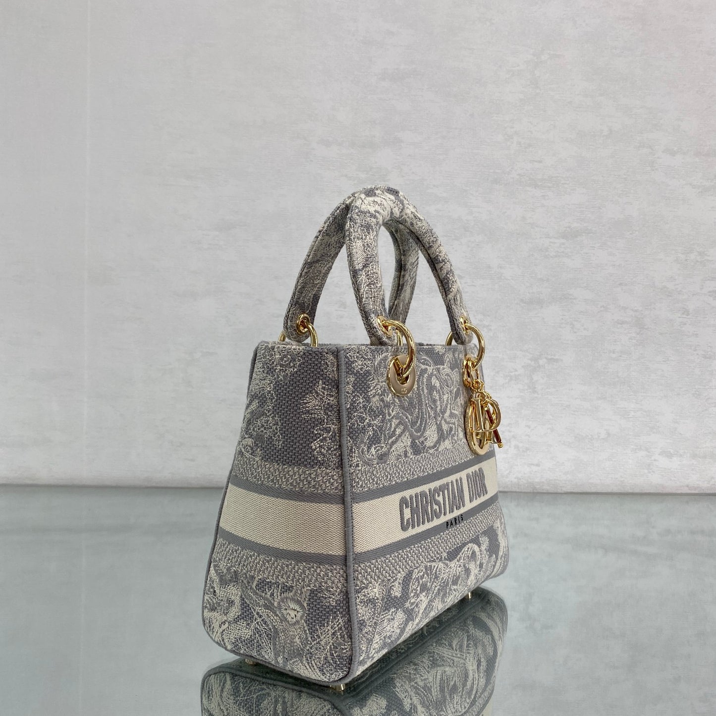 Dior Elegant Grey Toile de Jouy Embroidered Canvas Top Handle Bag