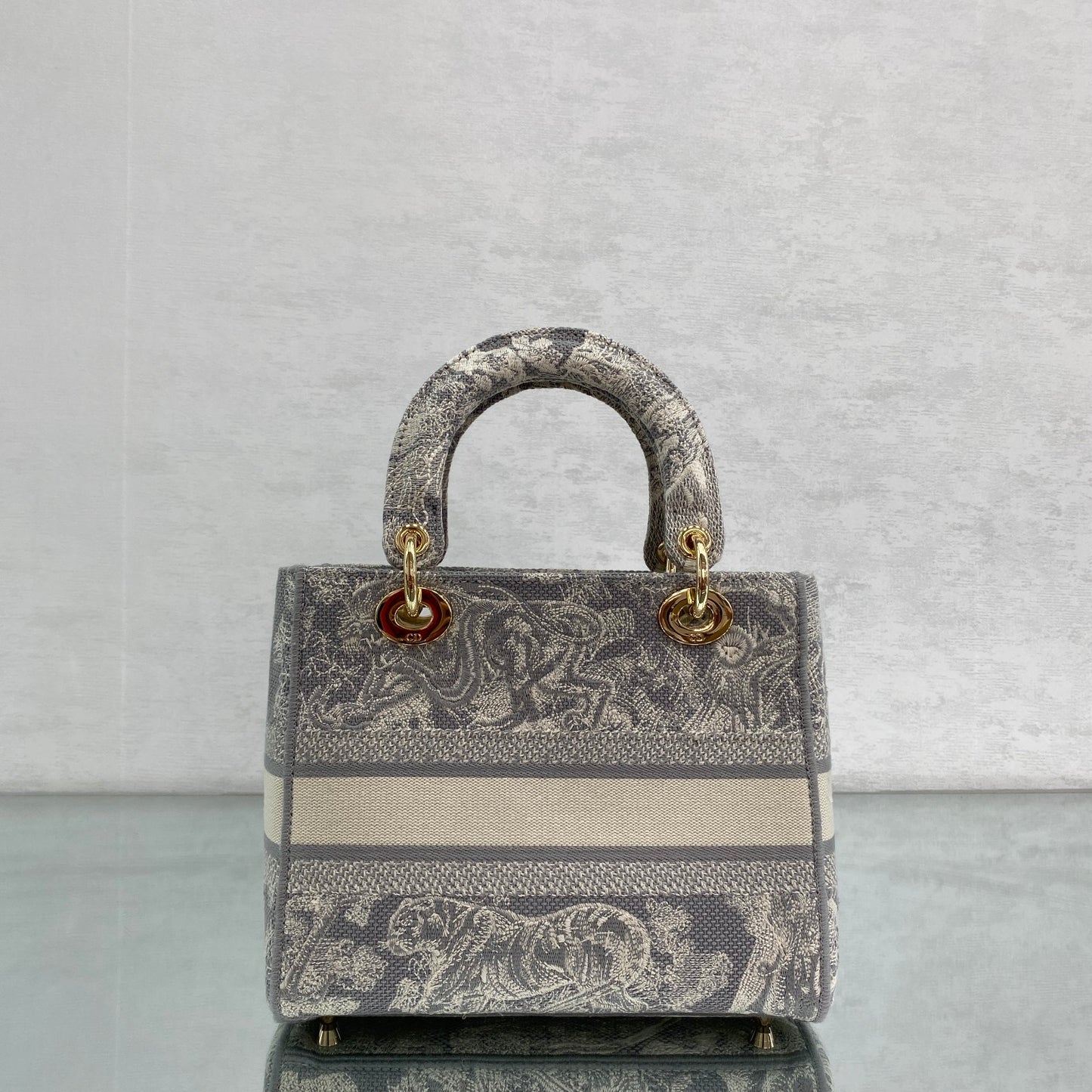 Dior Elegant Grey Toile de Jouy Embroidered Canvas Top Handle Bag