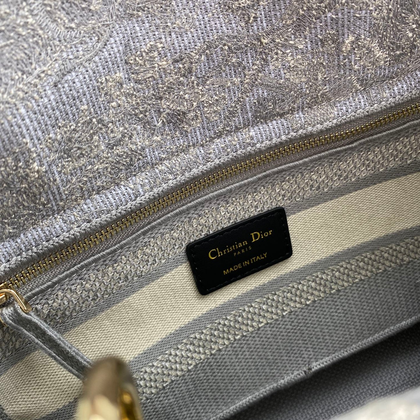 Dior Elegant Grey Toile de Jouy Embroidered Canvas Top Handle Bag