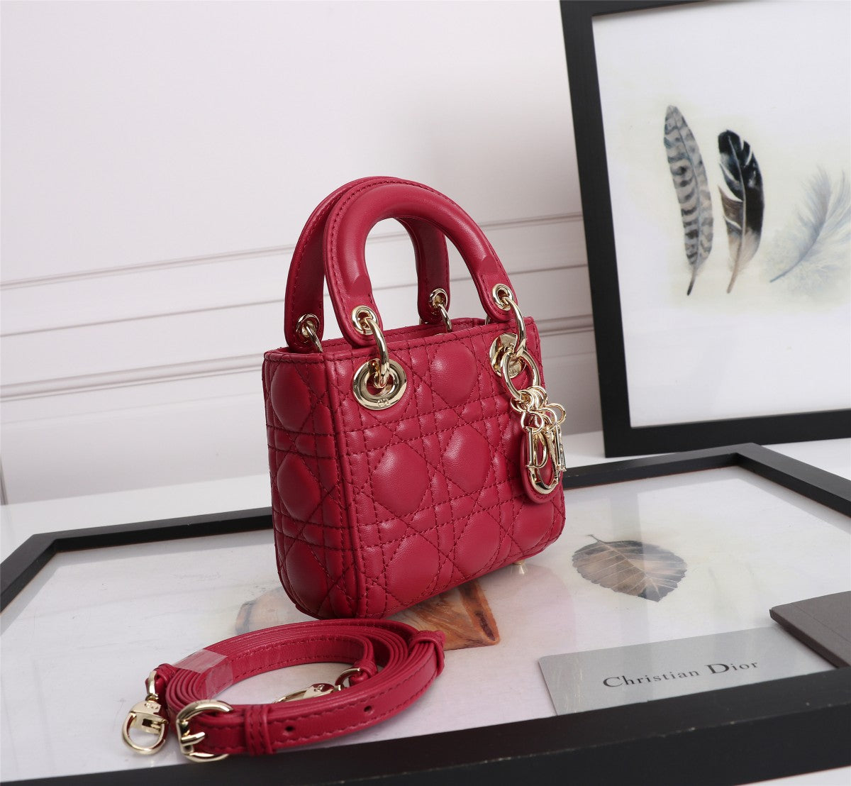 Dior Classic Red Quilted Leather Mini Top Handle Handbag with Strap