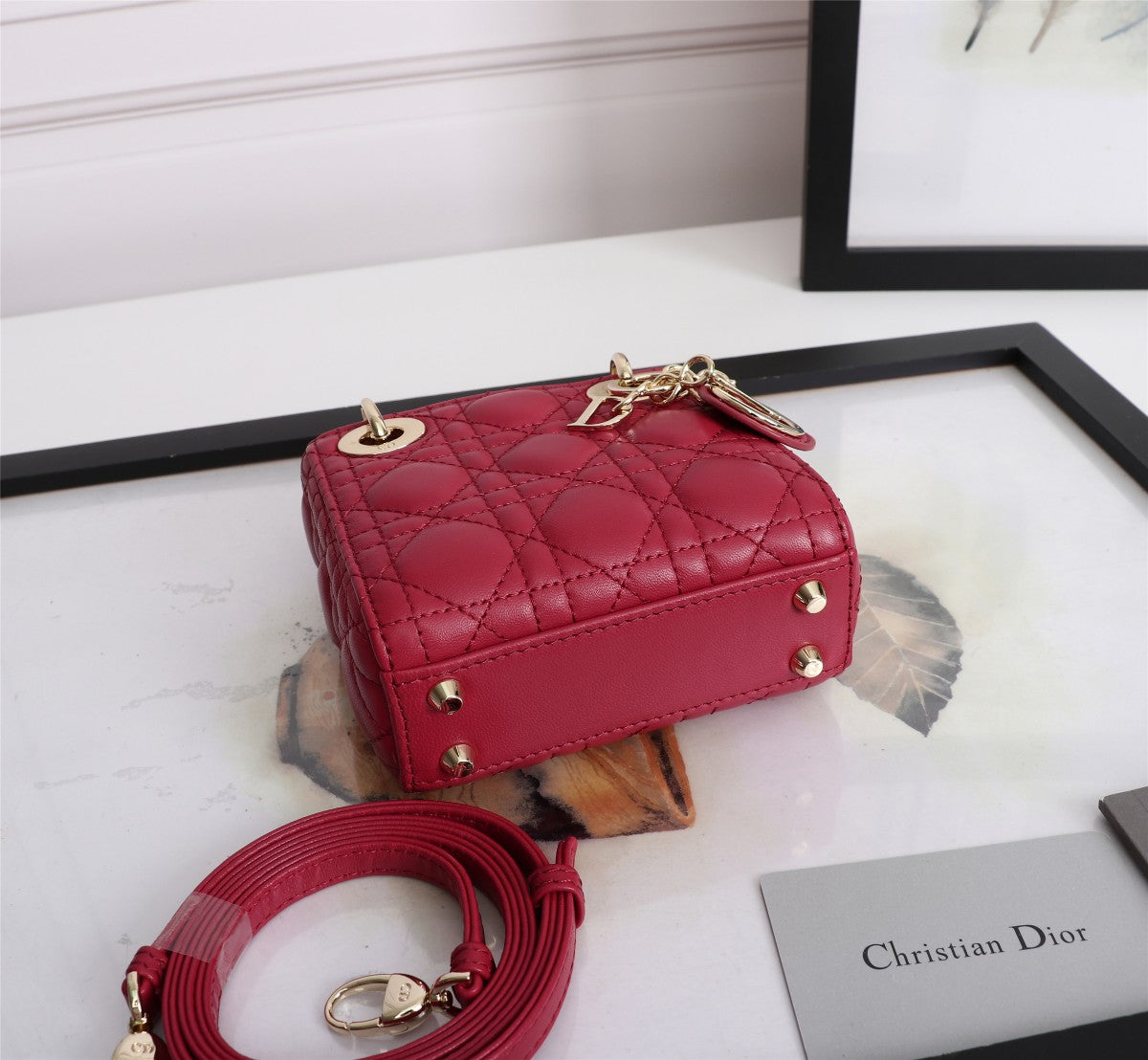 Dior Classic Red Quilted Leather Mini Top Handle Bag with Shoulder Strap