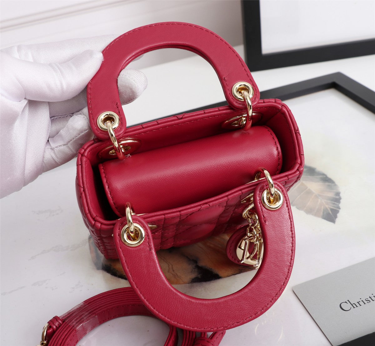 Dior Classic Red Quilted Leather Mini Top Handle Handbag with Strap
