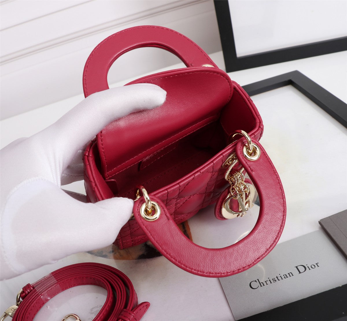 Dior Classic Red Quilted Leather Mini Top Handle Handbag with Strap