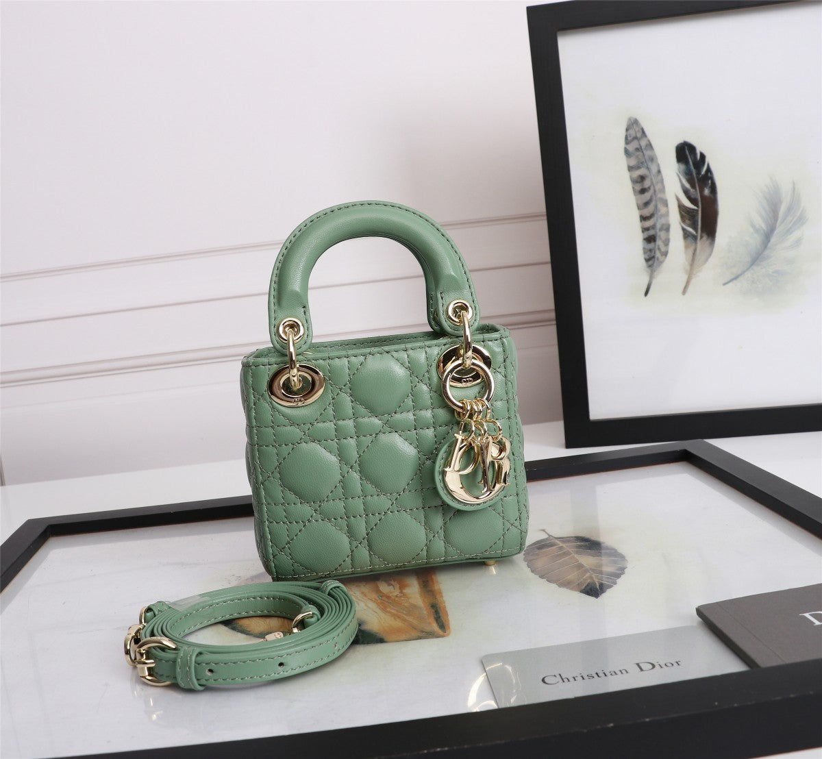 Dior Mint Green Quilted Leather Mini Top Handle Handbag with Strap