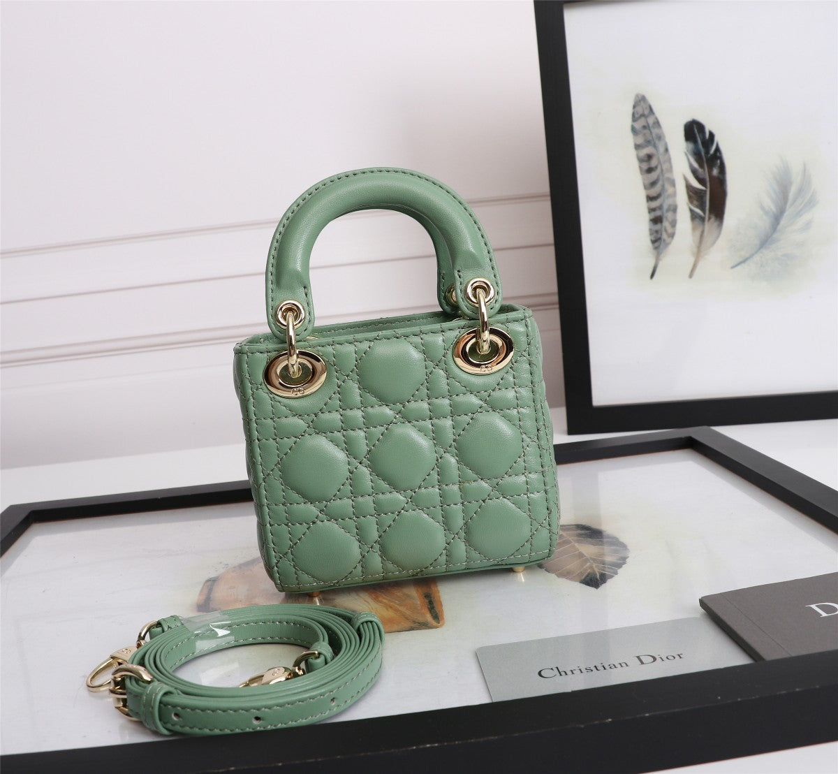 Lady Dior Mini Bag - Mint Green Cannage Lambskin Handbag with Gold-Tone Charms