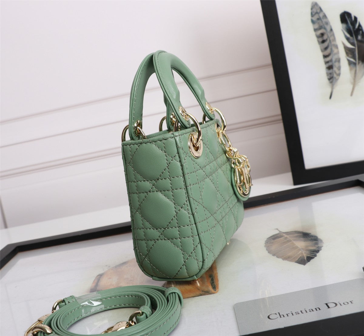 Dior Mint Green Quilted Leather Mini Top Handle Handbag with Strap
