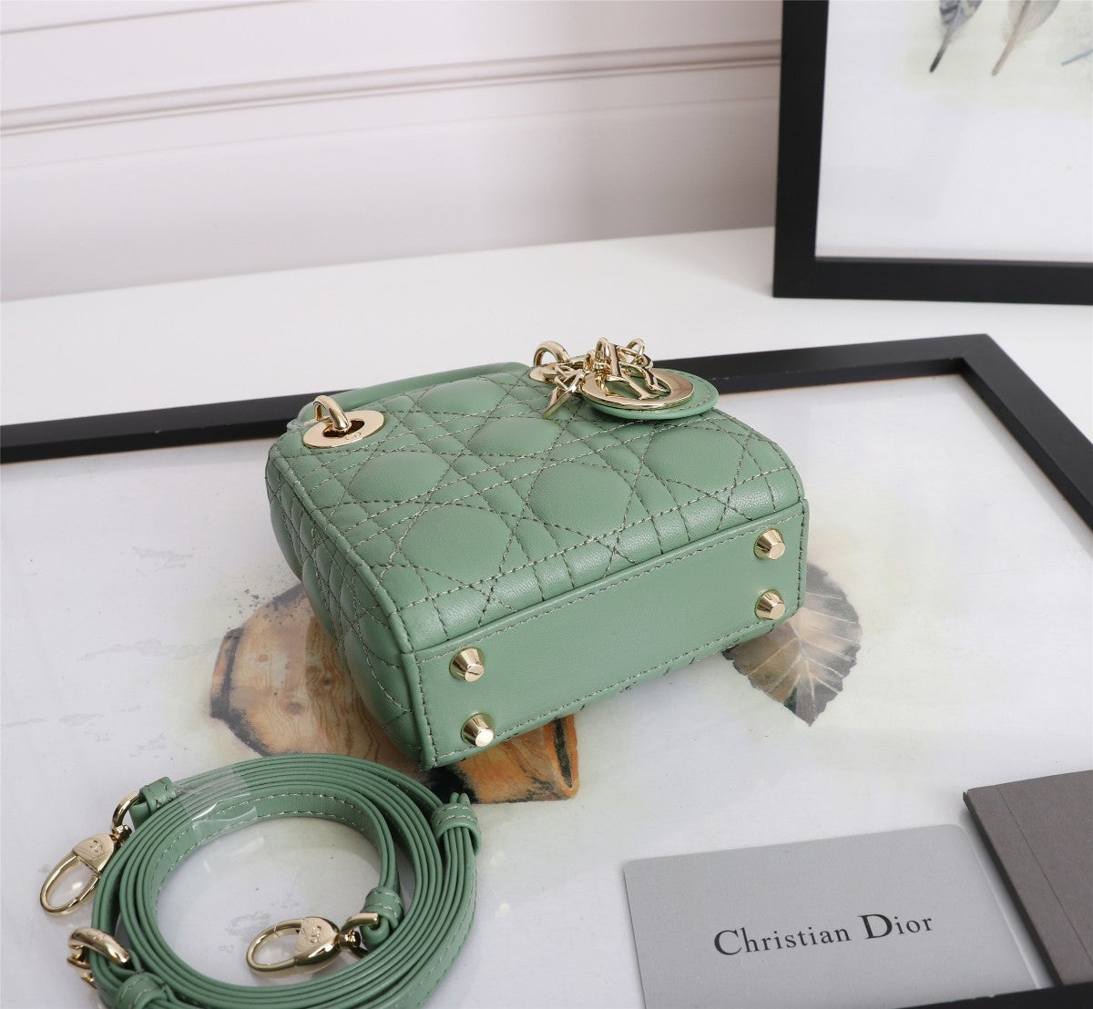 Dior Mint Green Quilted Leather Mini Top Handle Handbag with Strap