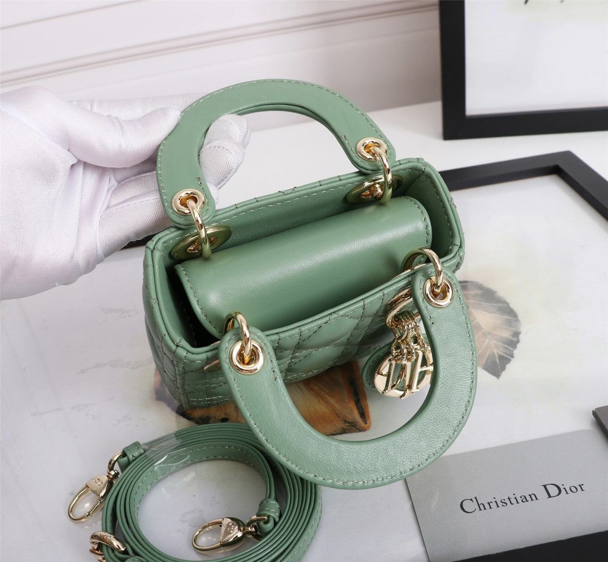Dior Elegant Sage Green Quilted Leather Mini Top Handle Shoulder Bag