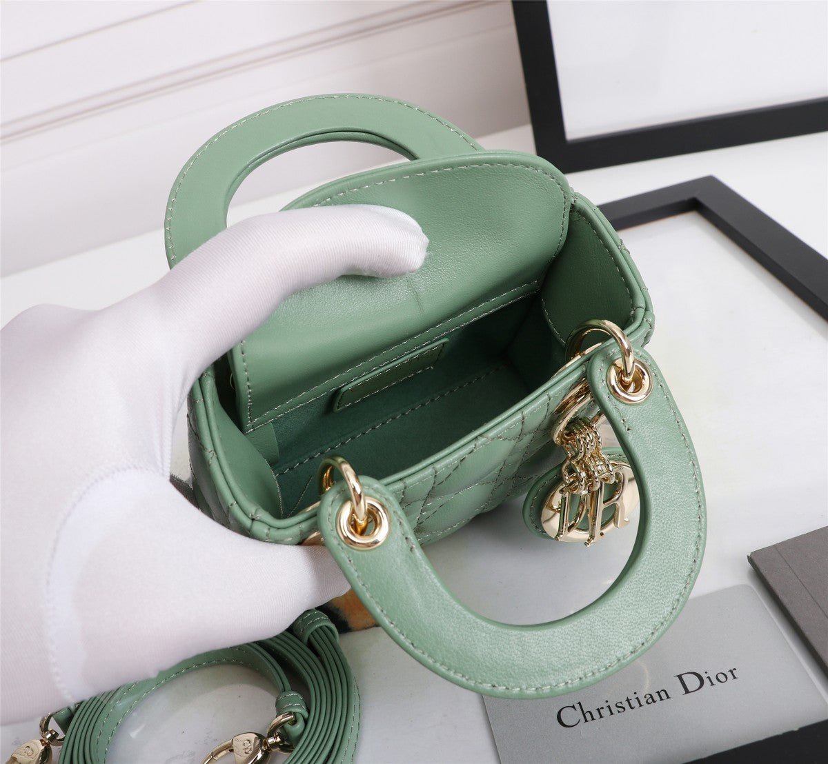Dior Mint Green Quilted Leather Mini Top Handle Handbag with Strap