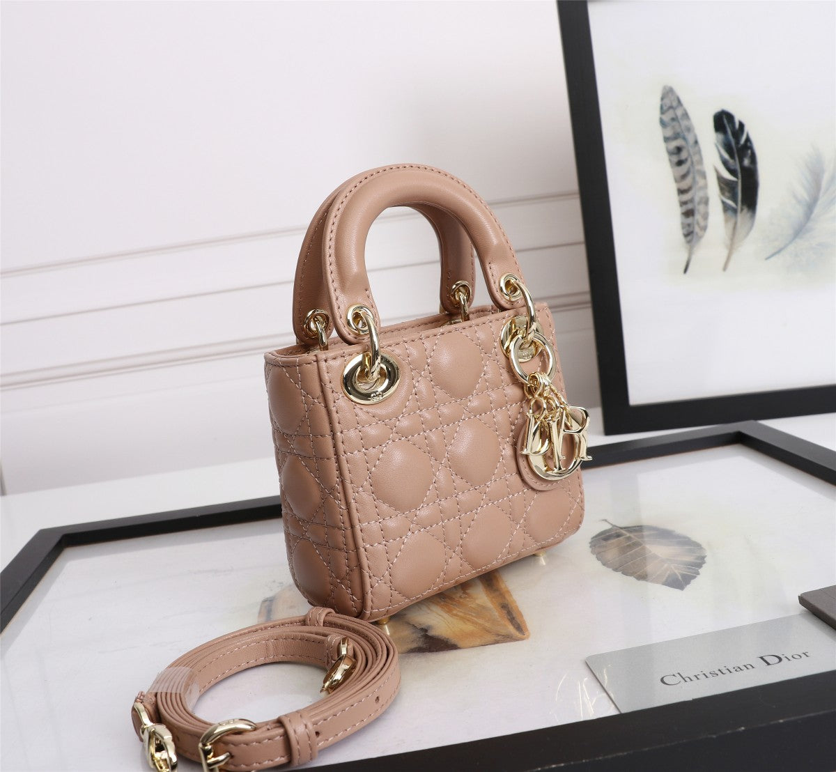 Dior Blush Pink Quilted Leather Mini Top Handle Bag with Shoulder Strap