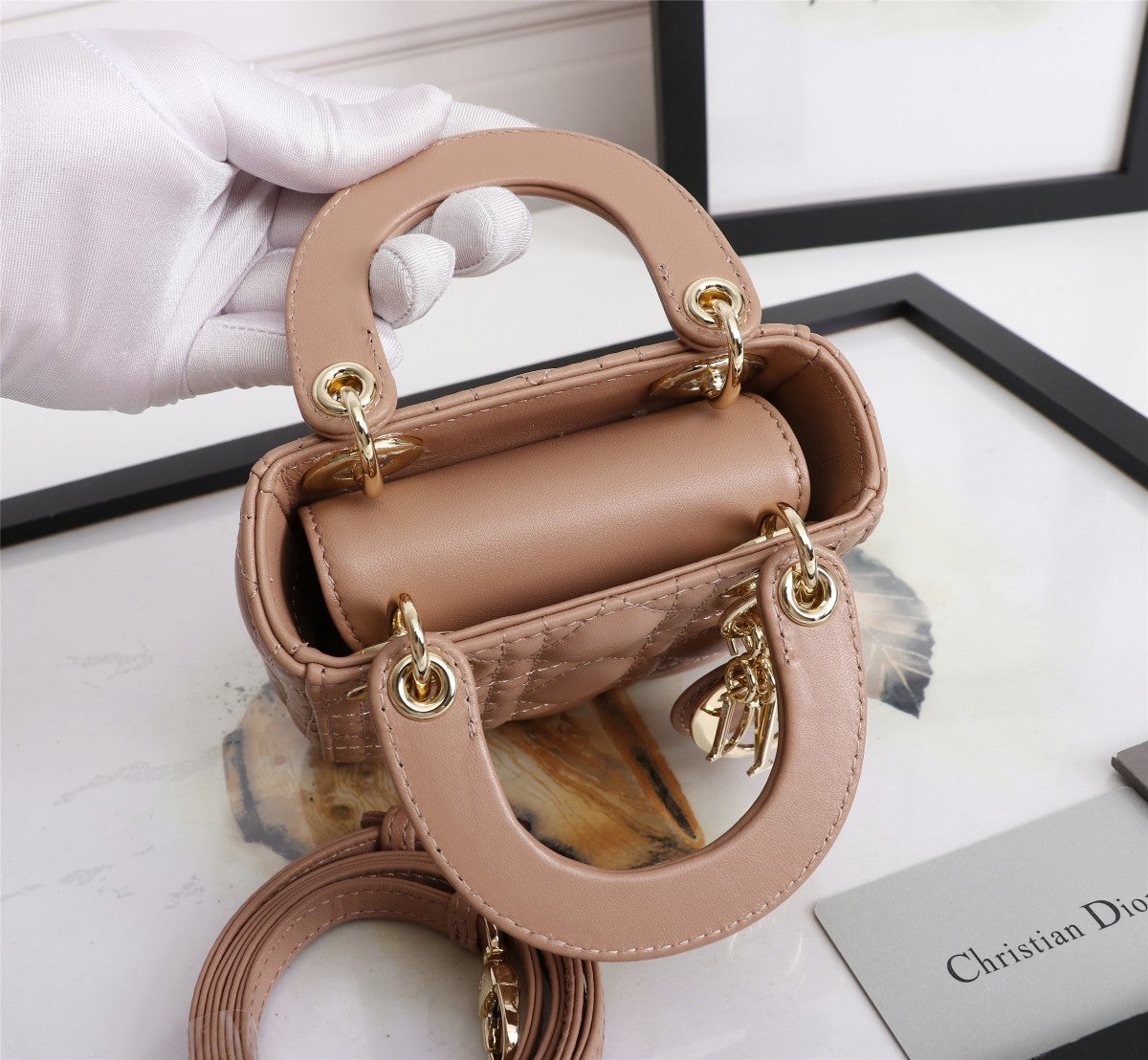 Dior Blush Pink Quilted Leather Mini Top Handle Bag with Shoulder Strap