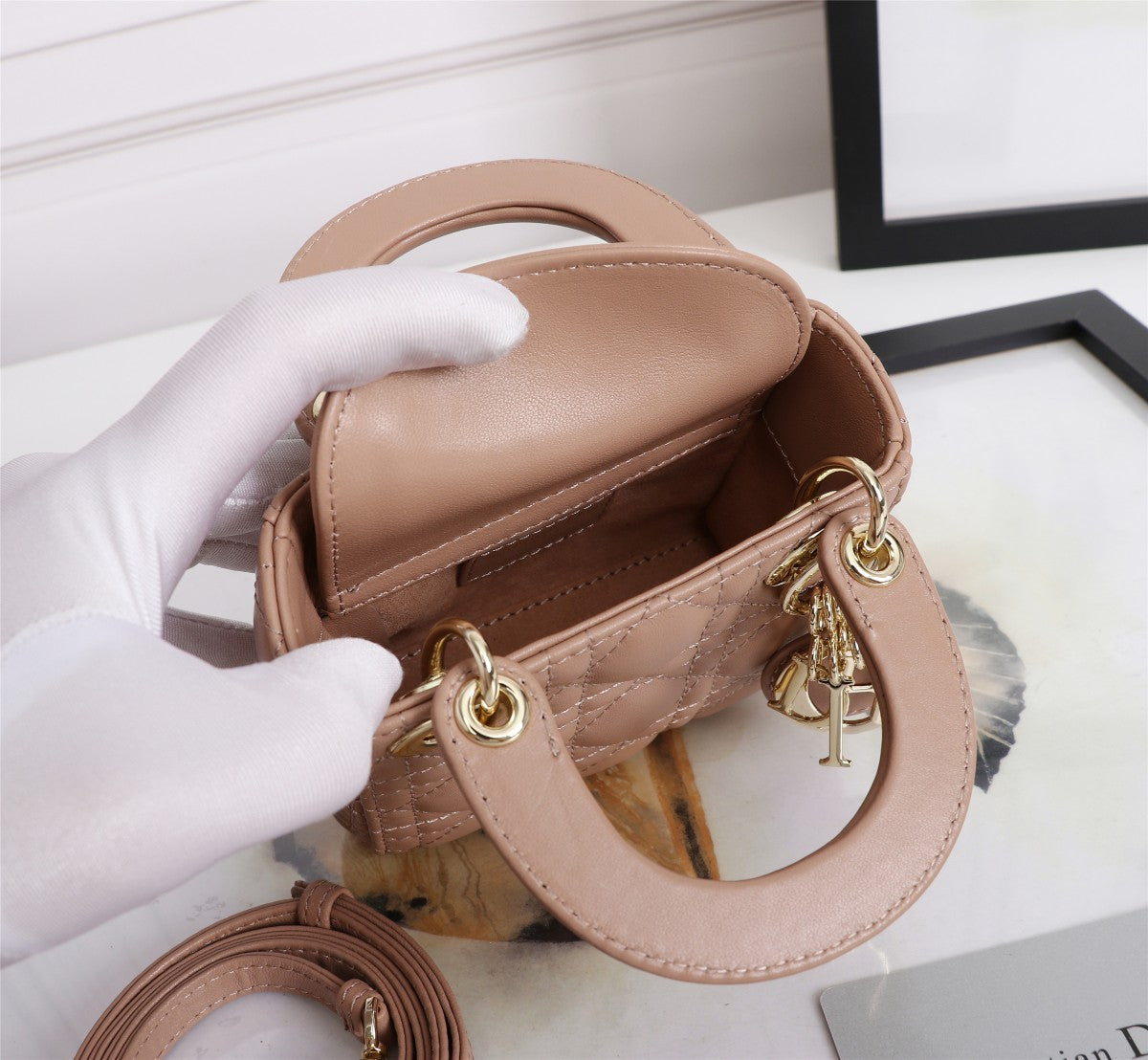 Dior Blush Pink Quilted Leather Mini Top Handle Bag with Shoulder Strap