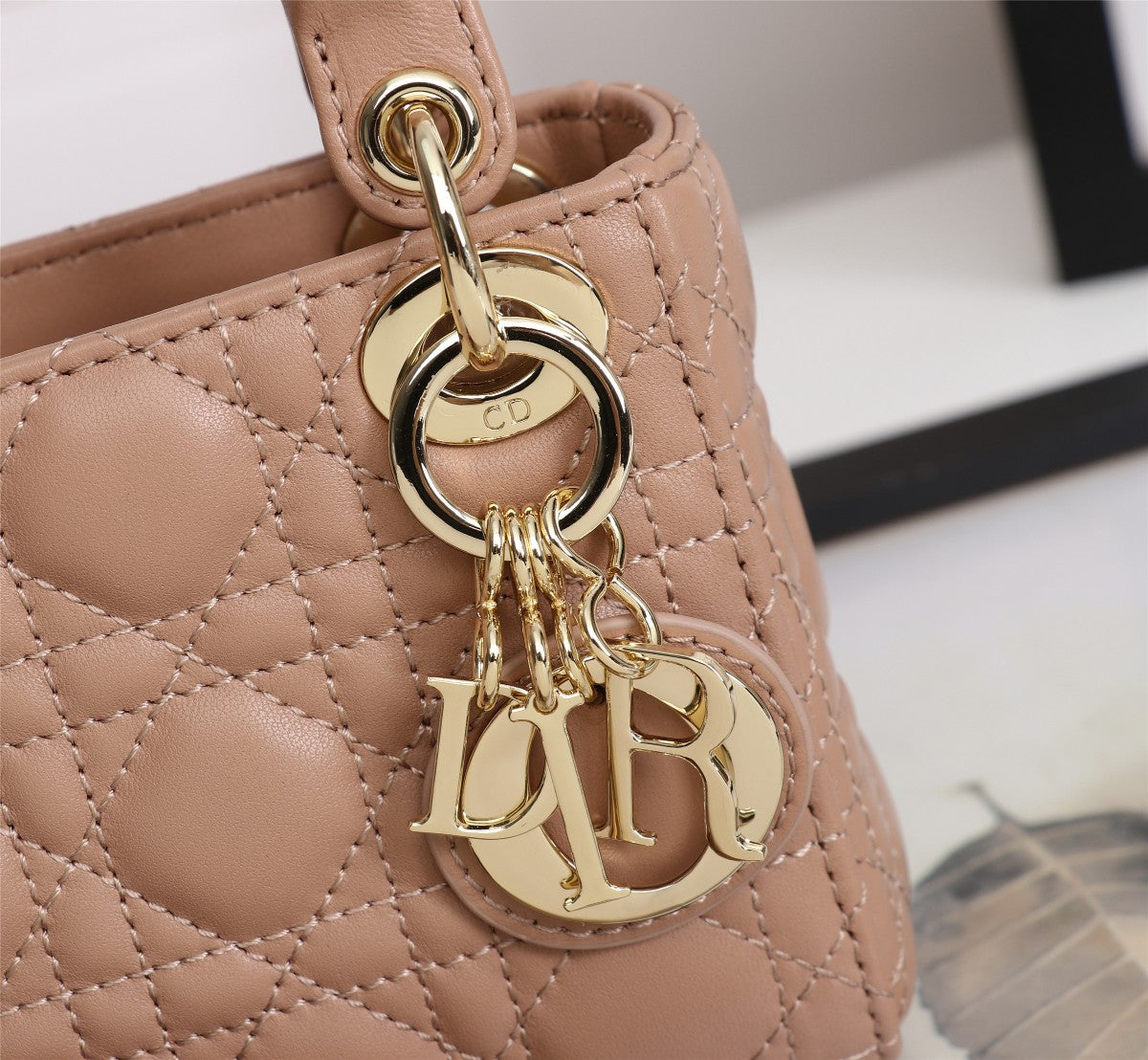 Dior Blush Pink Quilted Leather Mini Top Handle Bag with Shoulder Strap