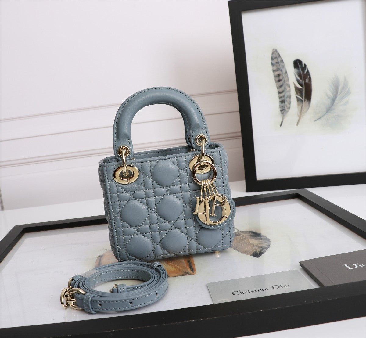 Dior Elegant Dusty Blue Quilted Leather Mini Top Handle Bag