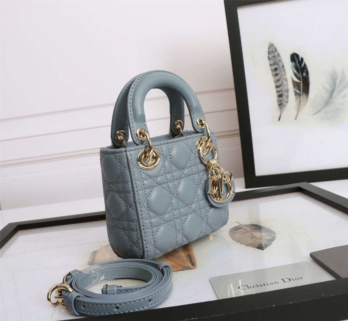 Christian Dior Mini Lady Dior Bag Blue Cannage Lambskin with Gold-Finish Charms