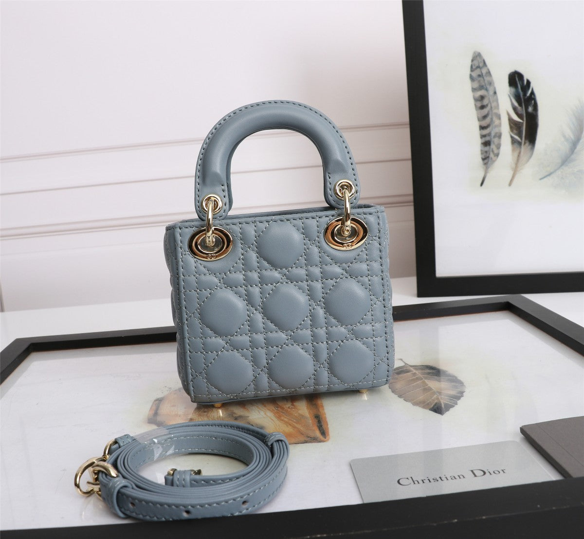 Dior Elegant Dusty Blue Quilted Leather Mini Top Handle Bag