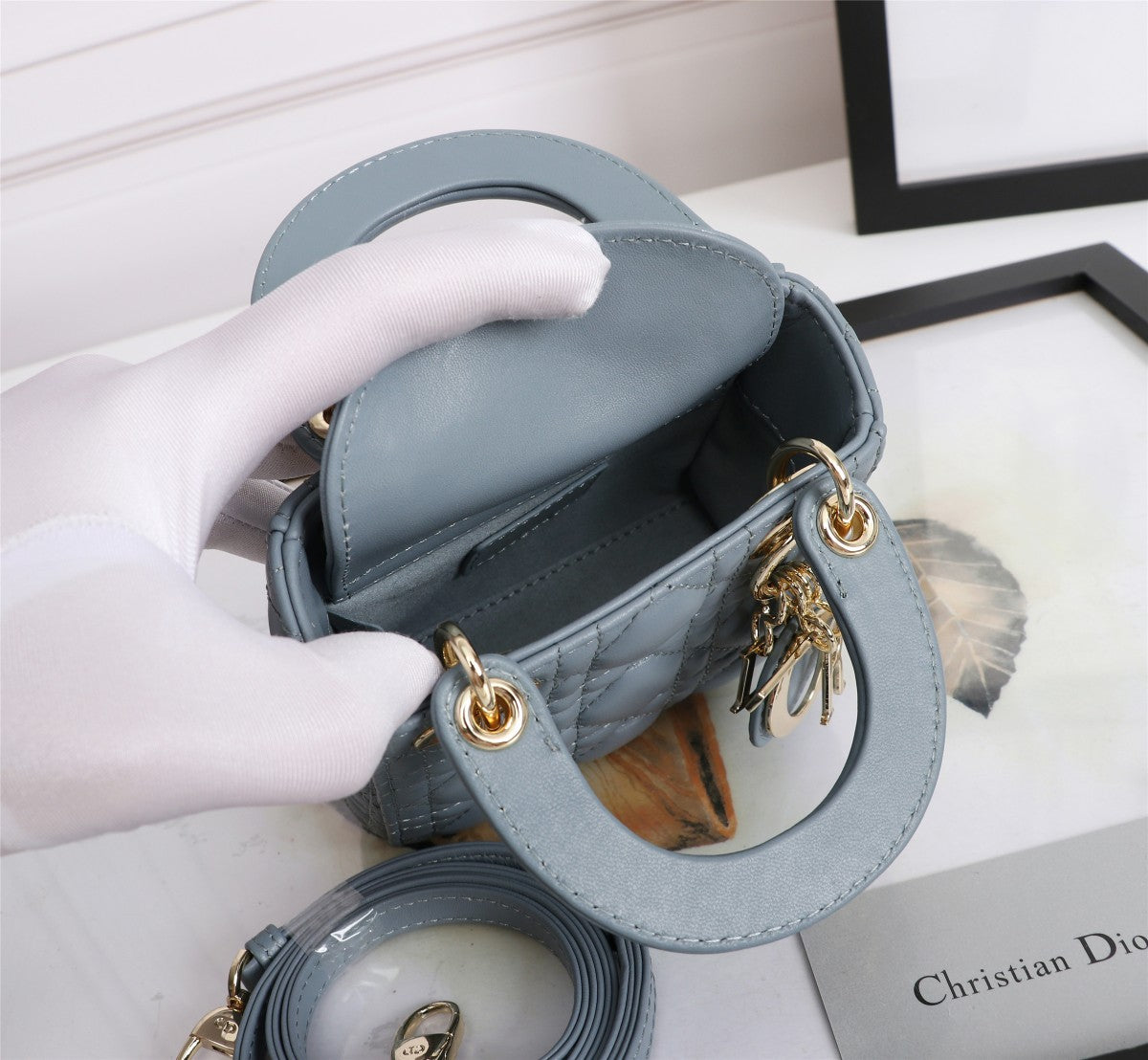 Christian Dior Mini Lady Dior Bag Blue Cannage Lambskin with Gold-Finish Charms