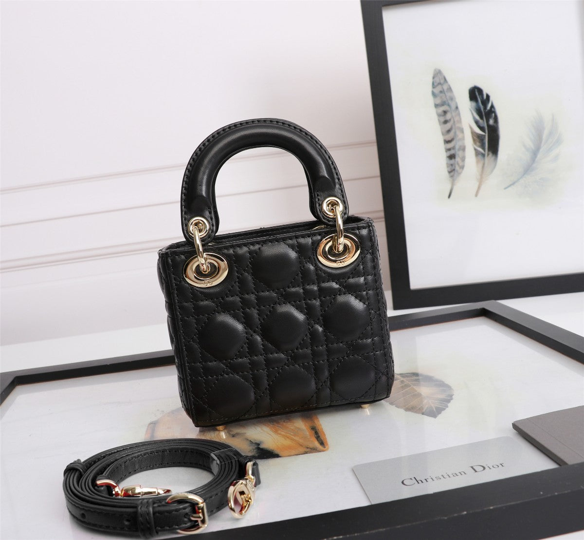 Christian Dior Lady Dior Micro Bag Black Lambskin Cannage with Gold Hardware