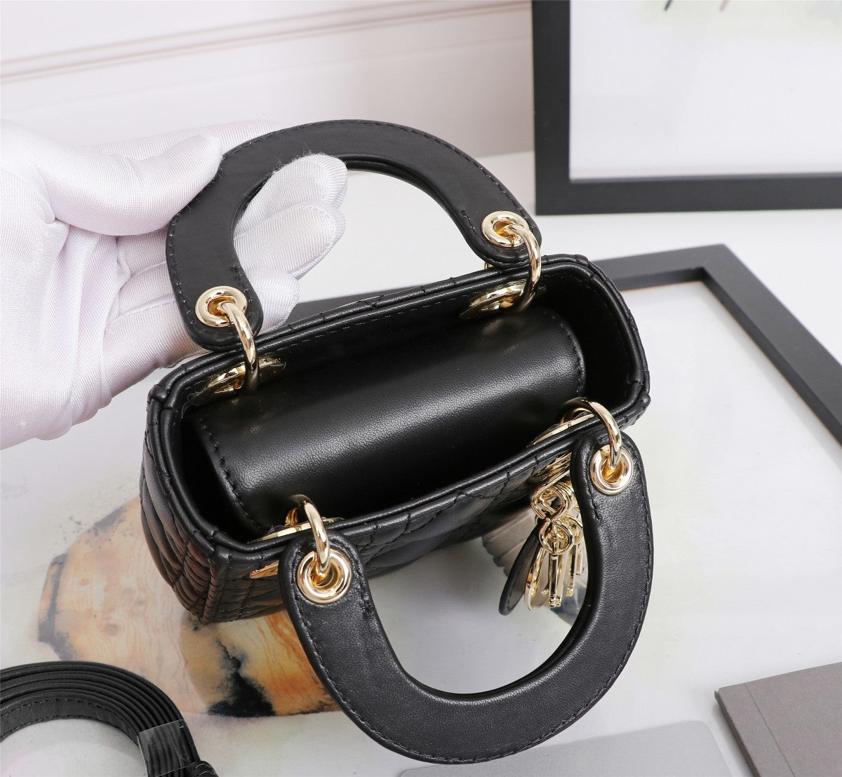 Dior Mini Black Quilted Leather Crossbody Handbag with Gold Charms