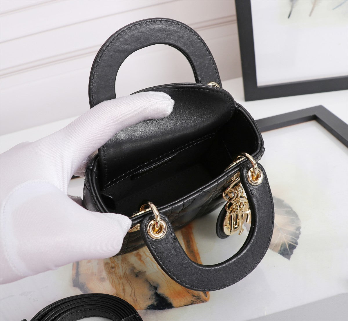 Christian Dior Lady Dior Micro Bag Black Lambskin Cannage with Gold Hardware