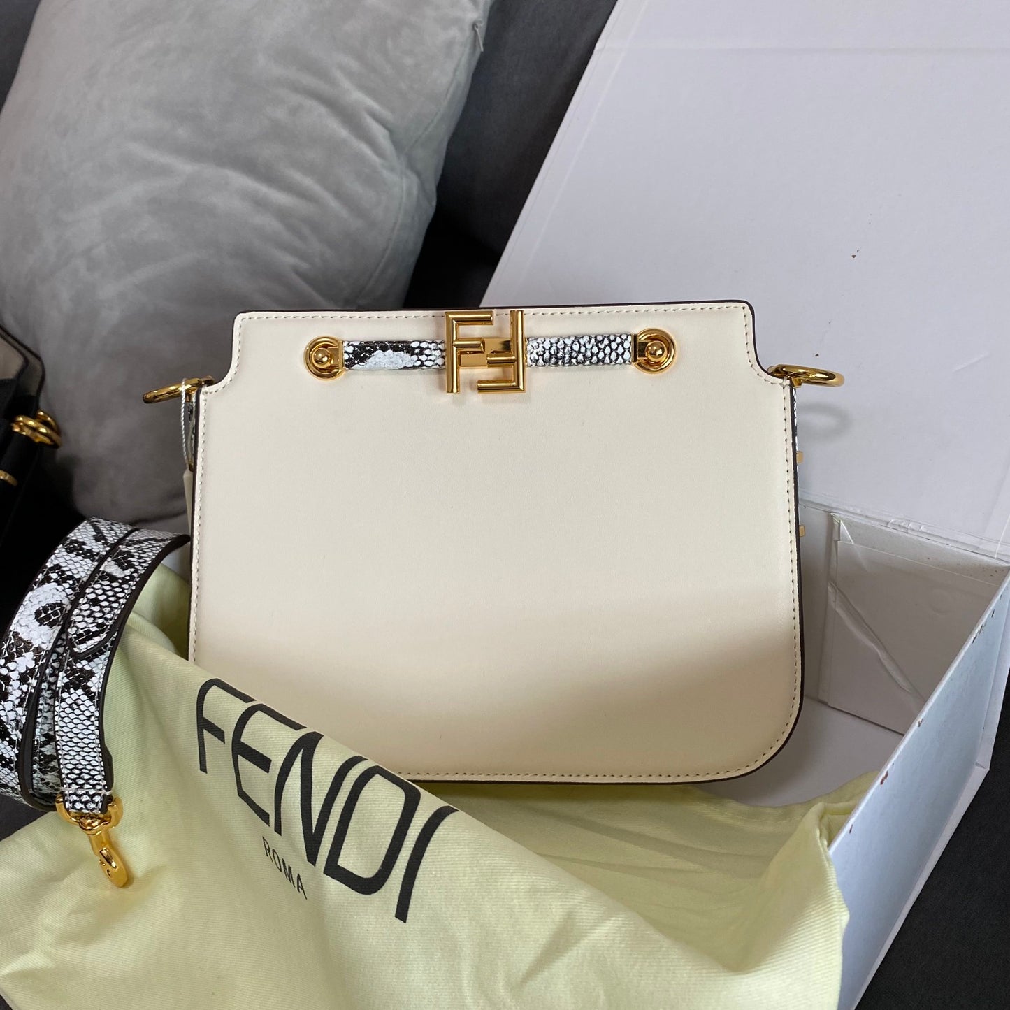 Fendi Women's White Leather O'Lock Handbag with Snake Print Strap and Gold Hardware