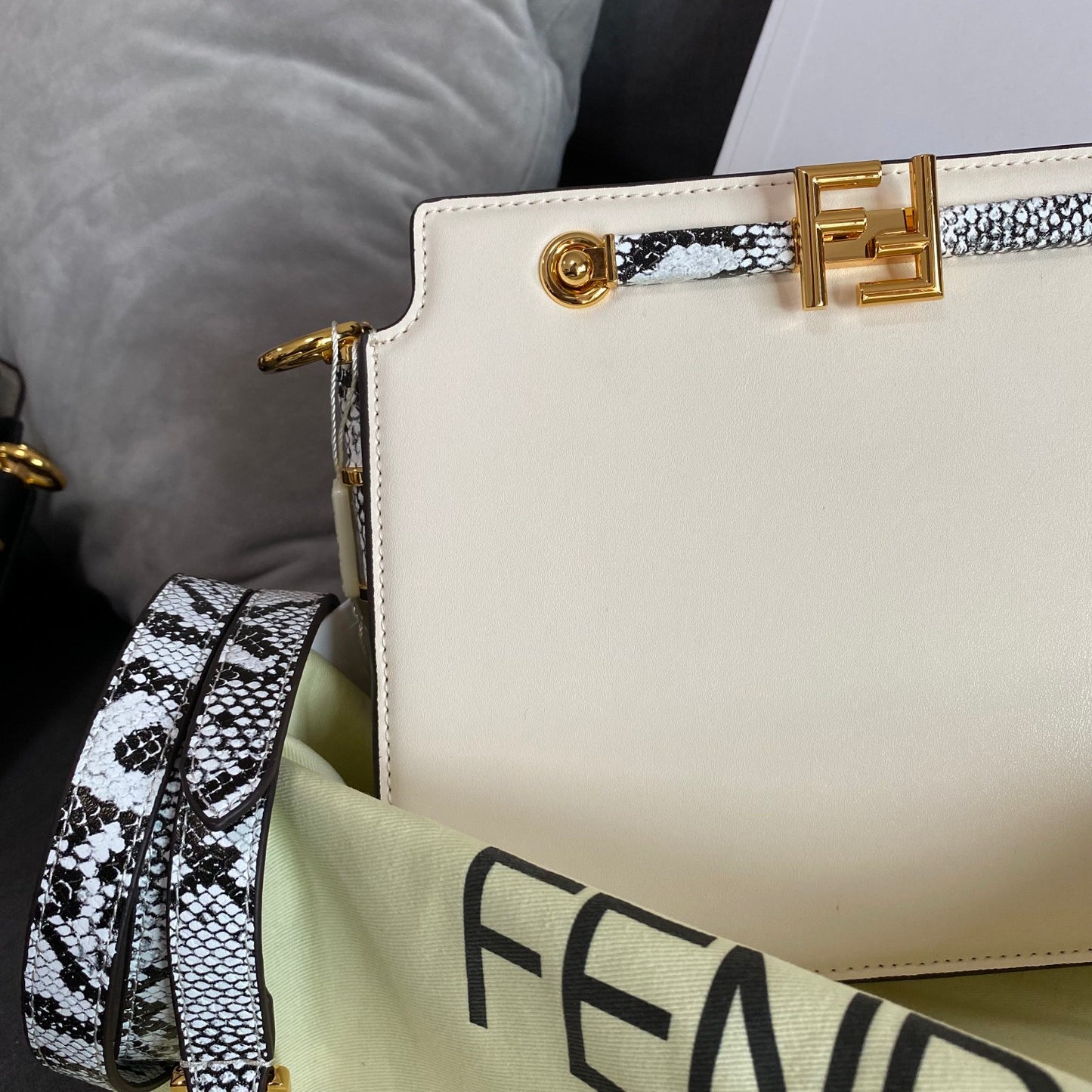 Fendi Kan U White Leather Shoulder Bag with Python-Effect Detail