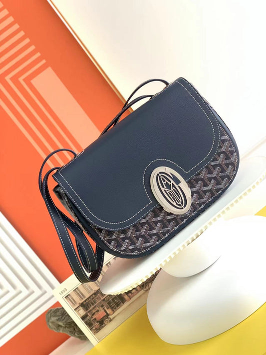 Gogy Classic Navy Blue Chevron Pattern Flap Crossbody Bag with Silver Clasp