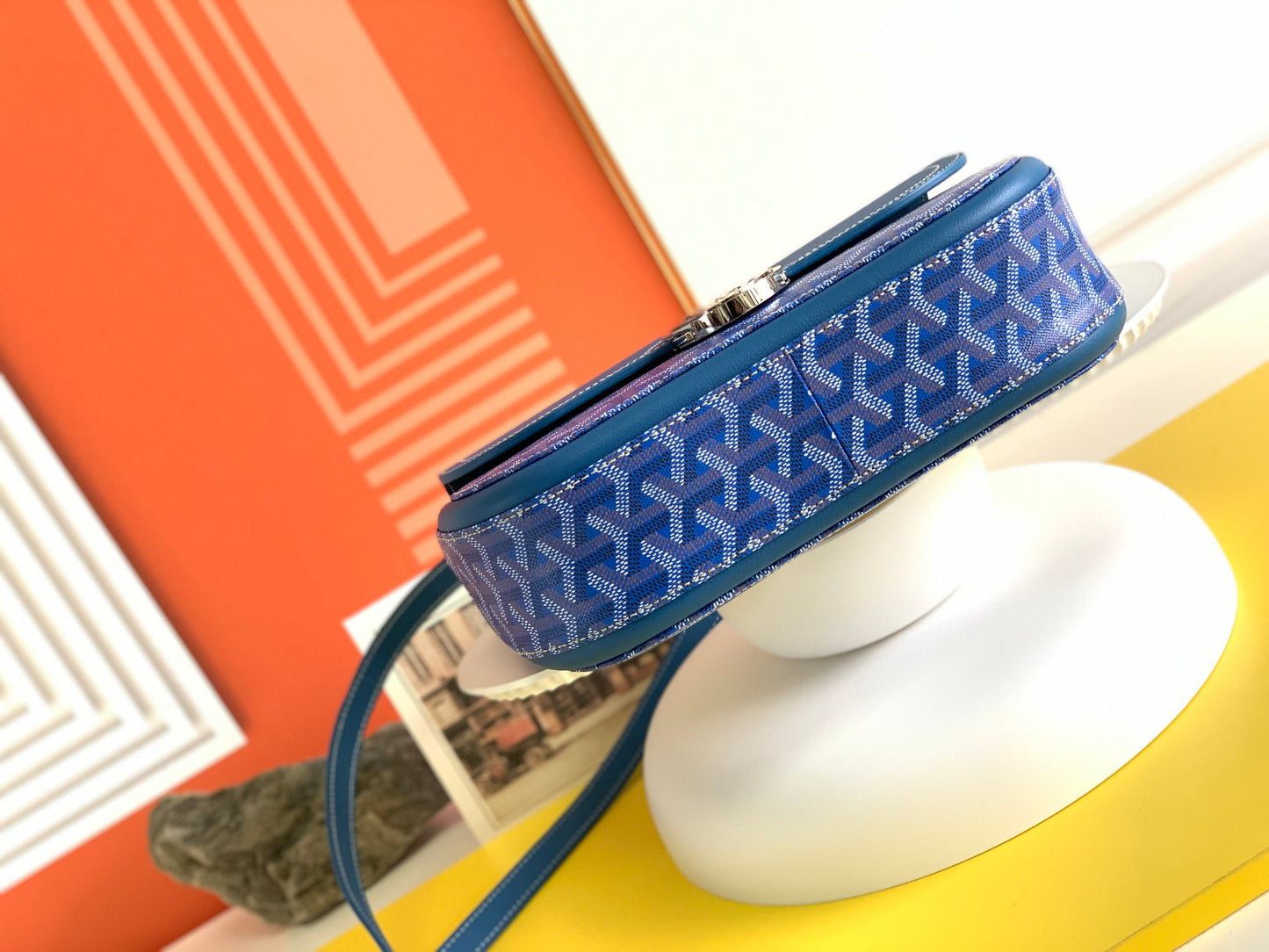Gogy Elegant Blue Chevron Print Leather Crossbody Shoulder Bag