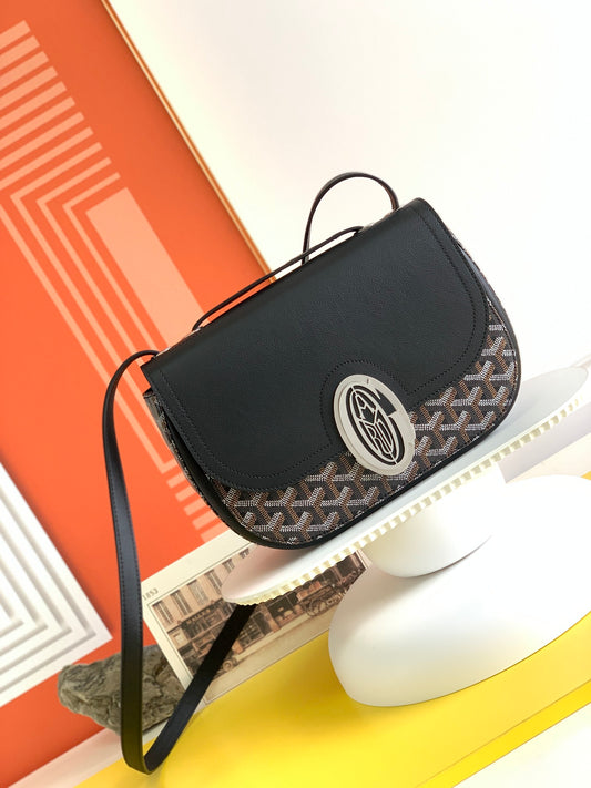 Gogy Black Leather Crossbody Bag with Chevron Monogram Print and Oval Clasp