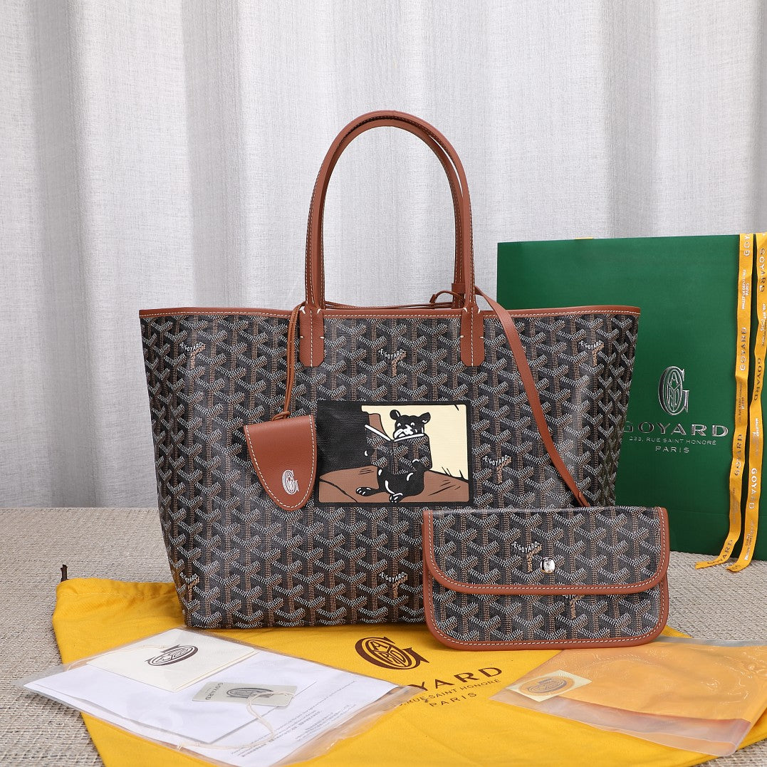 Gogy Geometric Monogram Tote Bag with Cartoon Dog Patch and Pouch