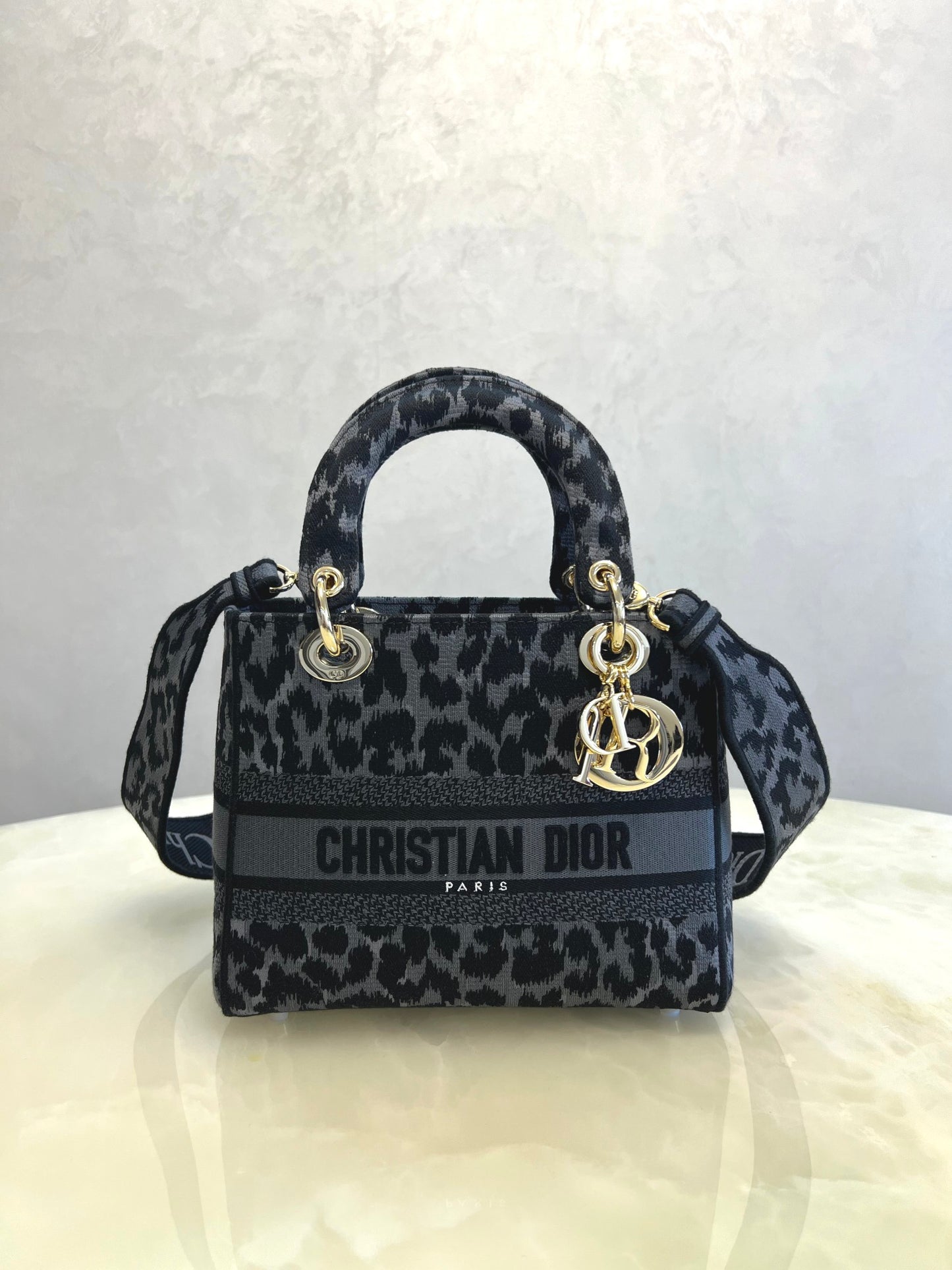 Dior Grey Leopard Print Canvas Mini Handbag with Shoulder Strap