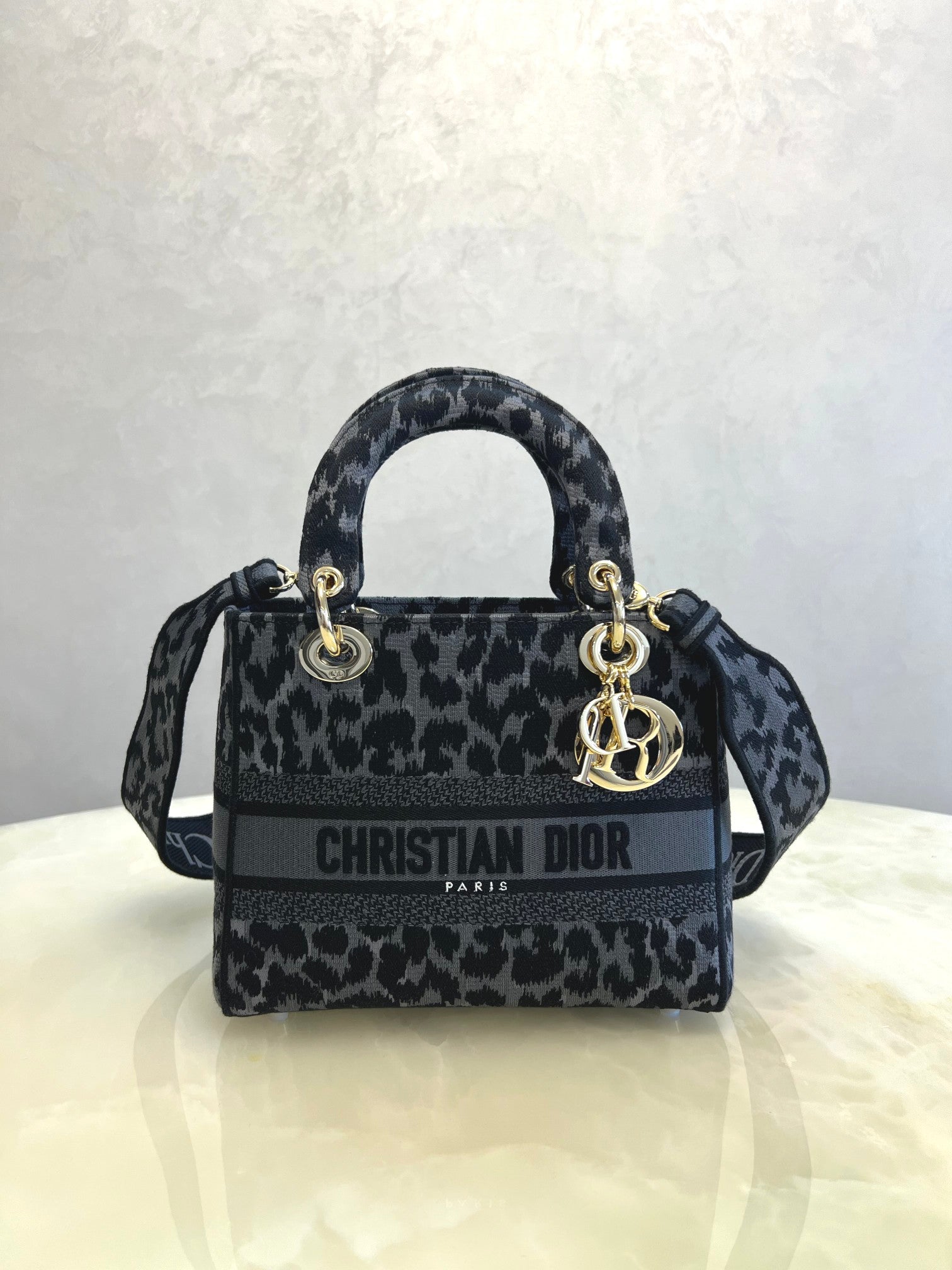 Dior Grey Leopard Print Canvas Mini Handbag with Shoulder Strap