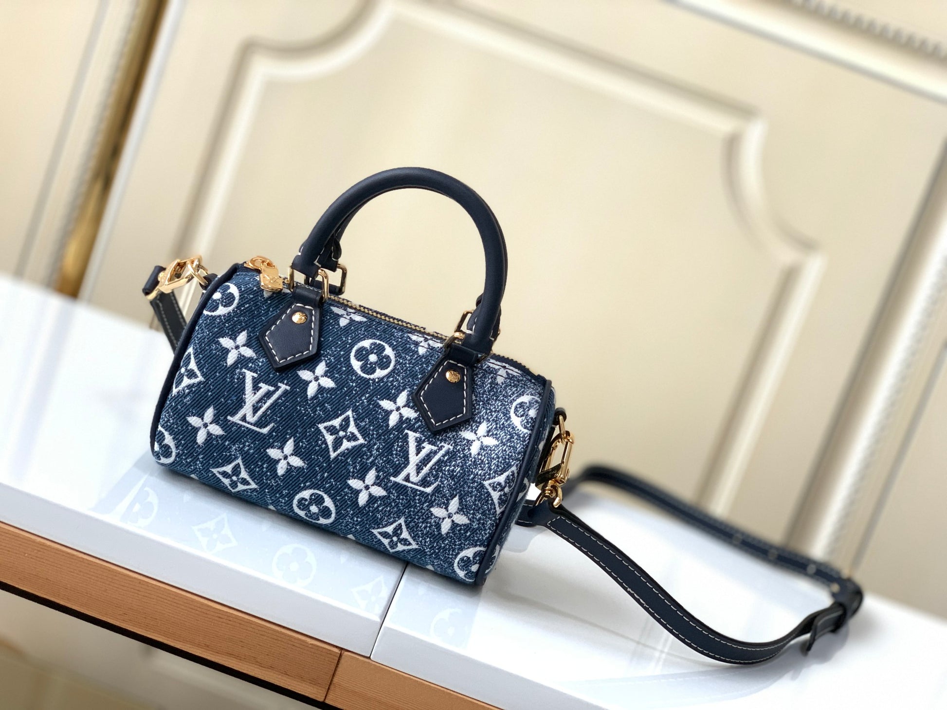 Louis Vuitton Mini Blue Denim Monogram Duffle Handbag with Crossbody Strap