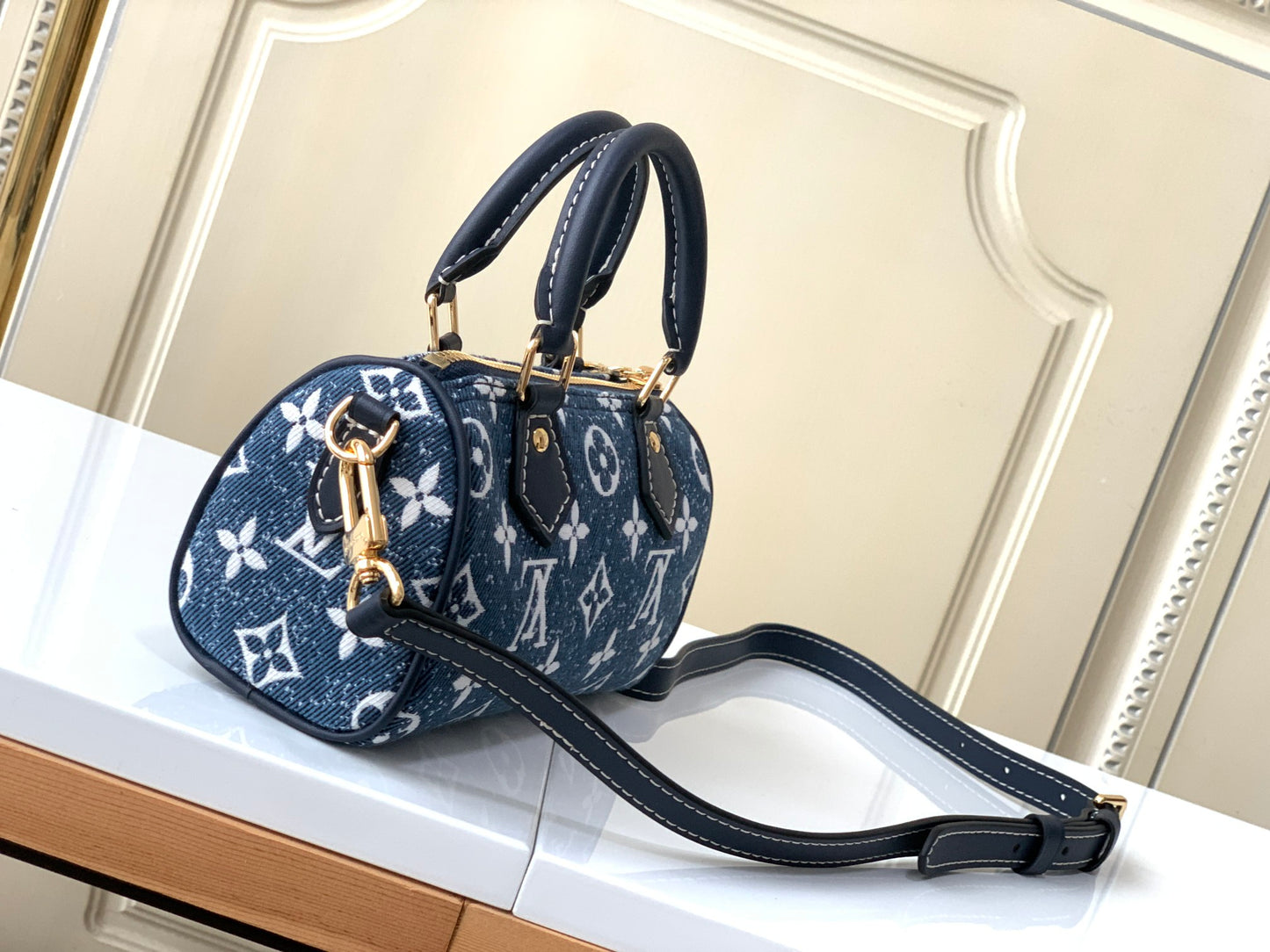 Louis Vuitton Mini Blue Denim Monogram Duffle Handbag with Crossbody Strap