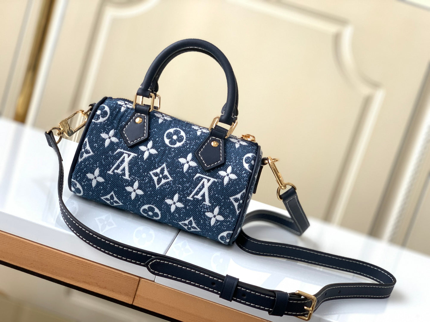 Louis Vuitton Mini Blue Denim Monogram Duffle Handbag with Crossbody Strap