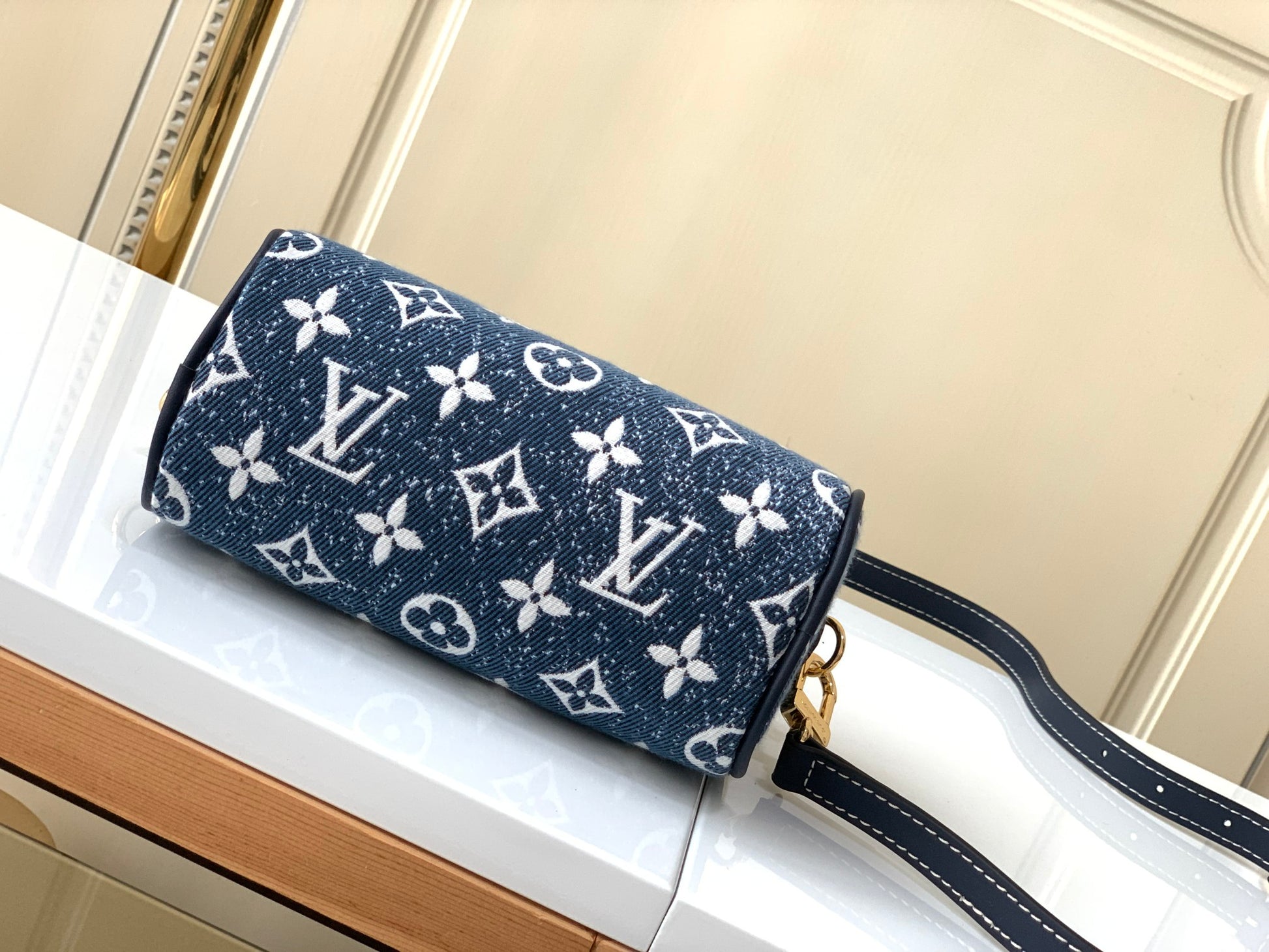 Louis Vuitton Mini Blue Denim Monogram Duffle Handbag with Crossbody Strap