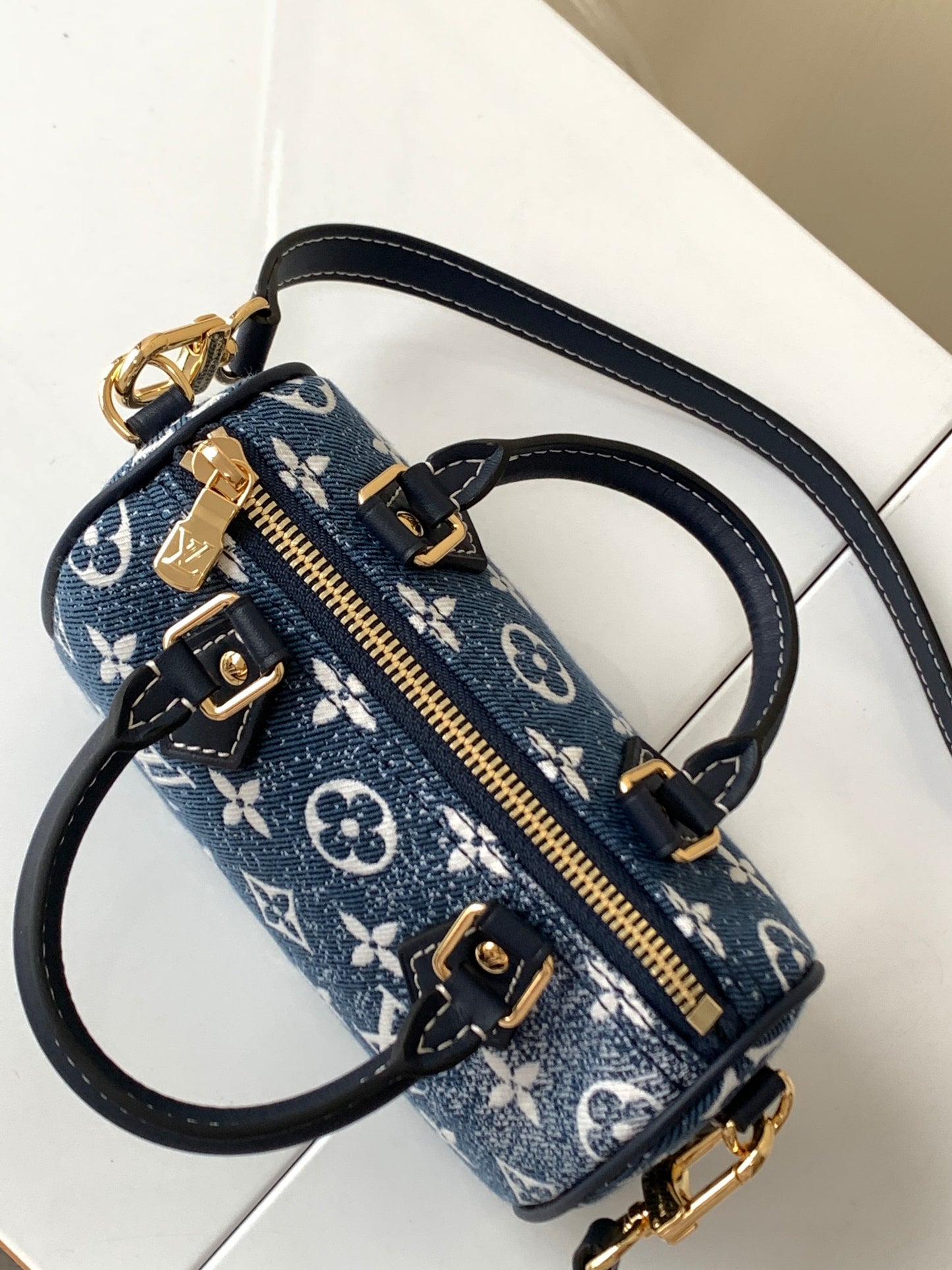Louis Vuitton Mini Blue Denim Monogram Duffle Handbag with Crossbody Strap