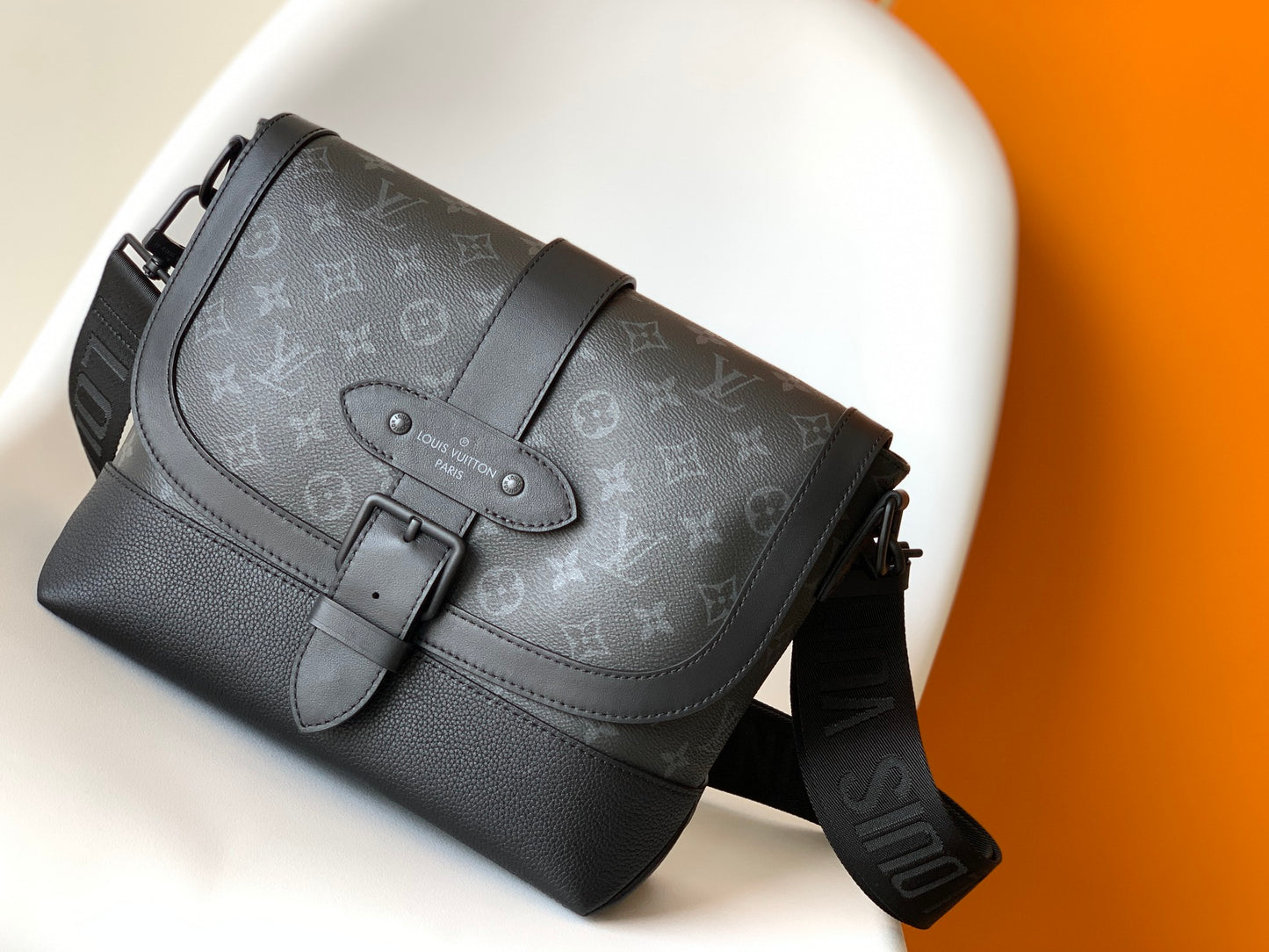 Louis Vuitton Black Monogram Canvas Crossbody Messenger Bag with Wide Strap