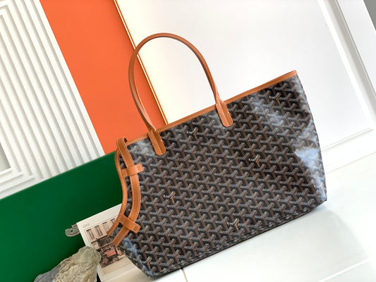 Gogy Classic Chevron Geometric Print Tote Bag with Tan Leather Straps