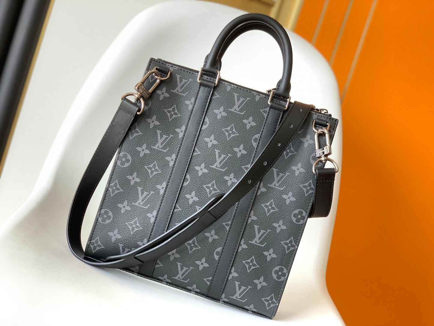Louis Vuitton Black Monogram Square Tote Bag with Top Handle and Strap