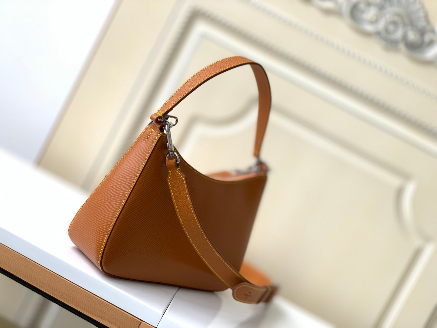 Louis Vuitton Tan Leather Shoulder Bag with Front Pocket and Chain Detail
