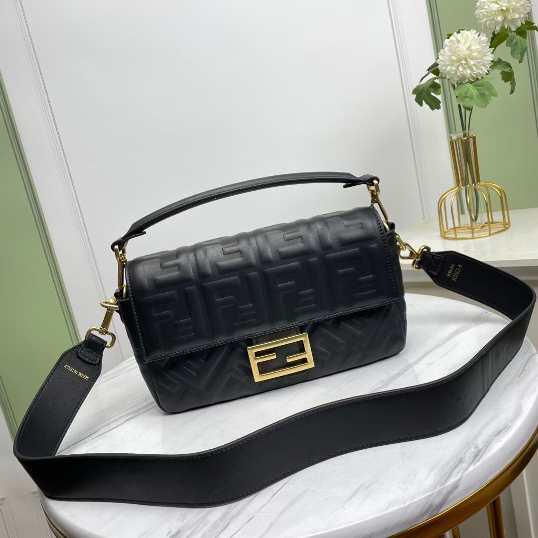 Fendi Baguette Black Embossed Leather Shoulder Bag with FF Logo