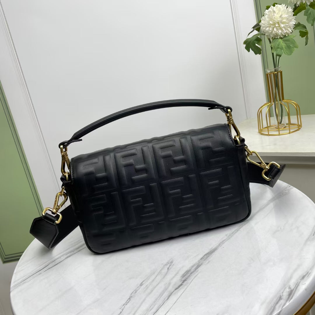 Fendi Baguette Black Embossed Leather Shoulder Bag with FF Clasp
