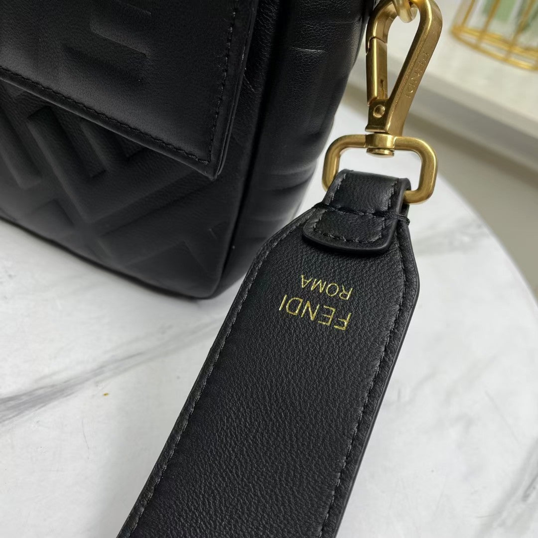 Fendi Baguette Black Embossed Leather Shoulder Bag with FF Logo
