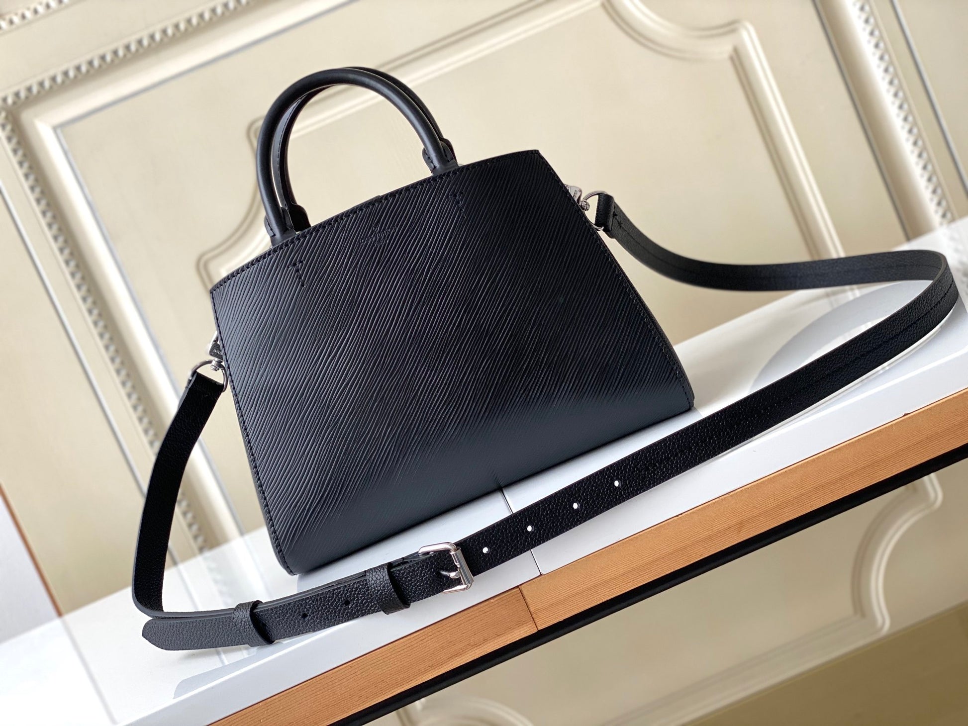 Louis Vuitton Black Leather Top Handle Bag with Monogram Front Pocket