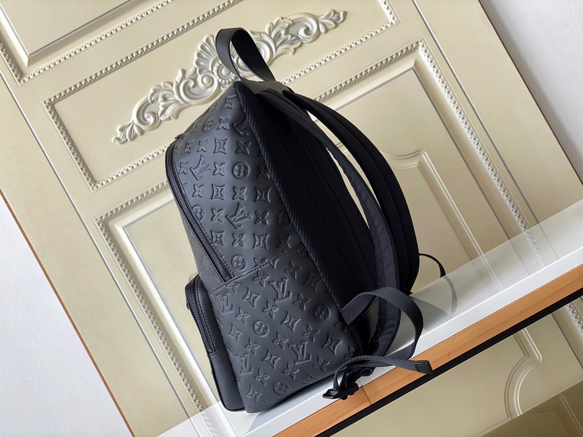 Louis Vuitton Black Embossed Monogram Leather Backpack Unisex Fashion Daypack